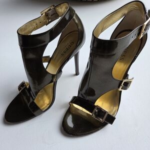 Guess by Marciano Delicacy Bronze Copper Leather 3 Strap Stiletto Heels Size 7